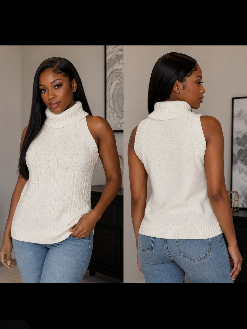 Active USA Cream Sleeveless Turtleneck Cable Knit Sweater